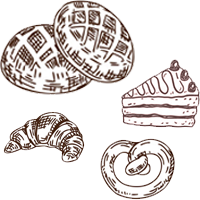 Icon mit diversen Backwaren drauf (Brot, Kuchen, Croissant und Brezel)